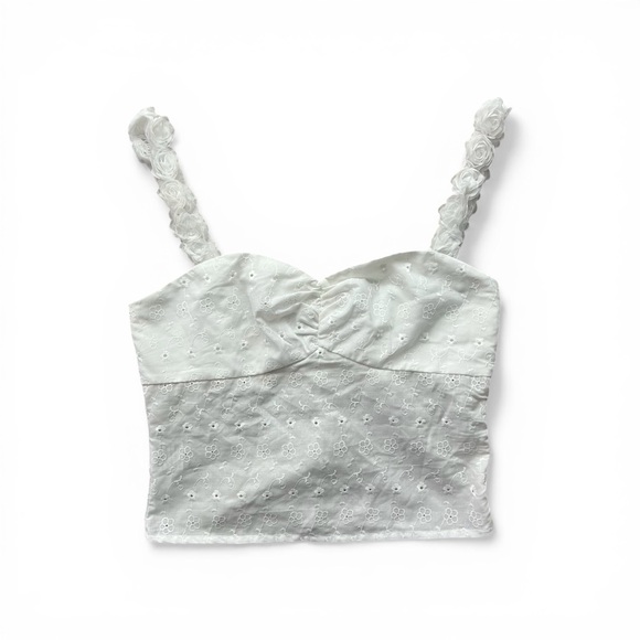 Princess Polly Franca White Eyelet Floral Crop Top 3D Rosette Straps - Picture 2 of 8